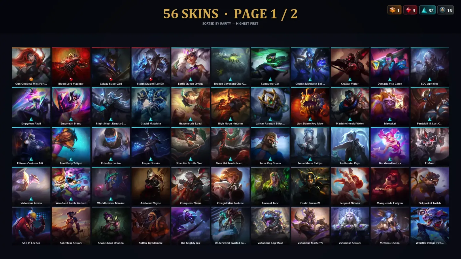 [LoL] | TR | Level 160 | Platinum III | 173 Champions | 56 Skins | 27,934 BE