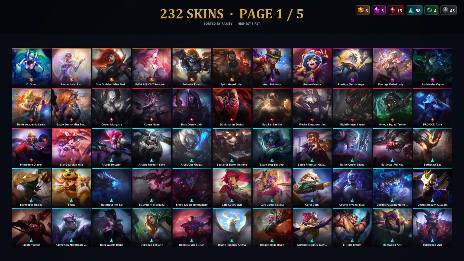 [LoL] | EUW | Level 500 | 172 Champions | 232 Skins | 112,877 BE — LoL account