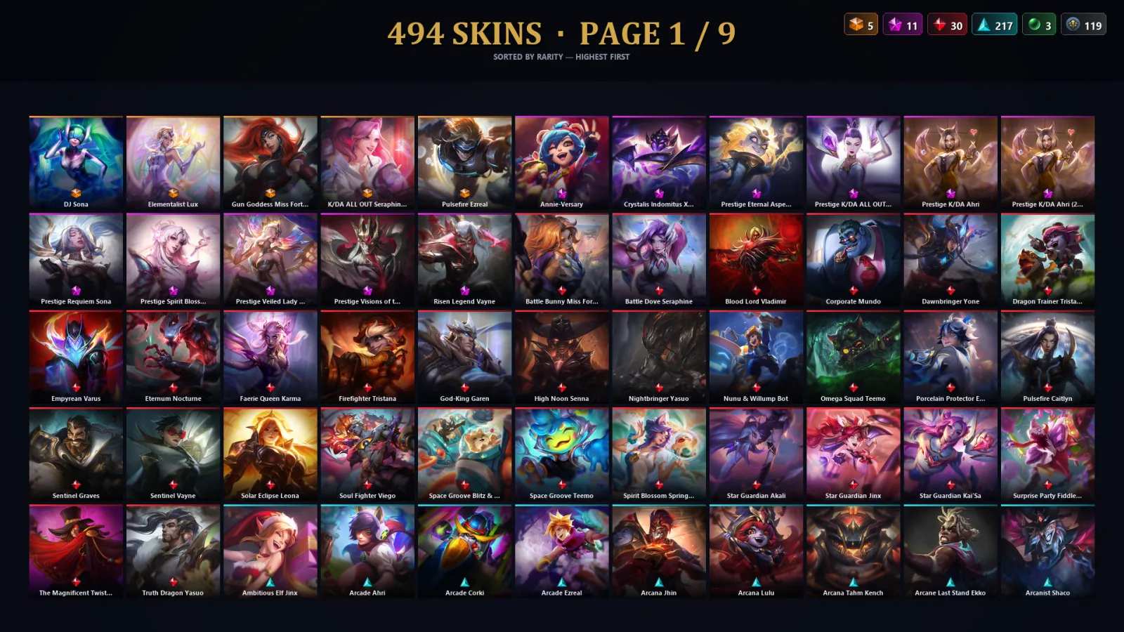 [LoL] | NA | Level 500 | 173 Champions | 494 Skins | 41,708 BE