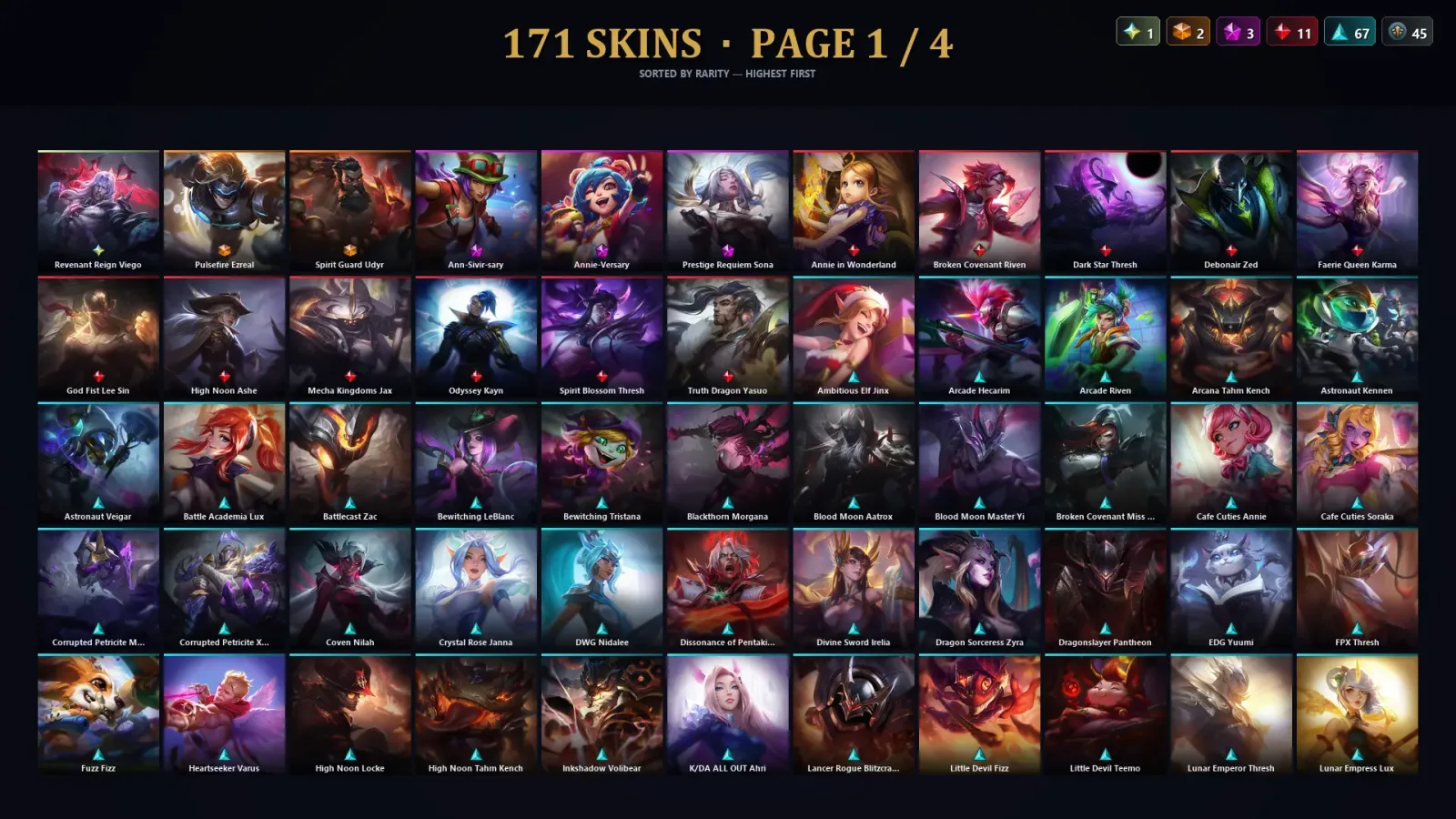 [LoL] | TR | Level 500 | Platinum III | 173 Champions | 171 Skins | 319,808 BE