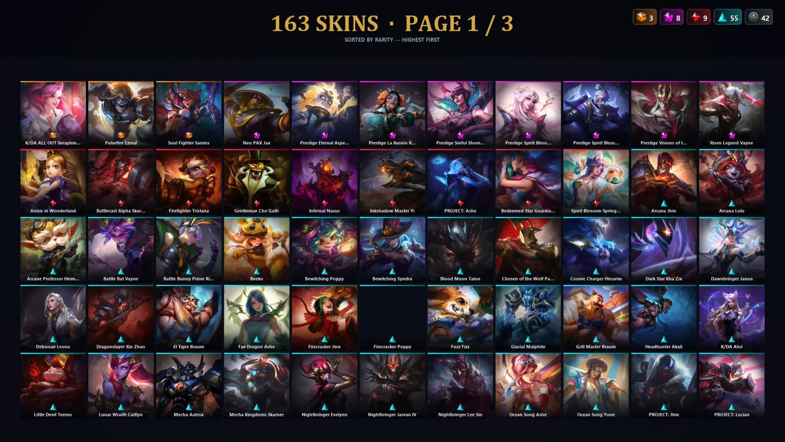 [LoL] | TR | Level 30 | Grandmaster | 173 Champions | 163 Skins | 74,855 BE