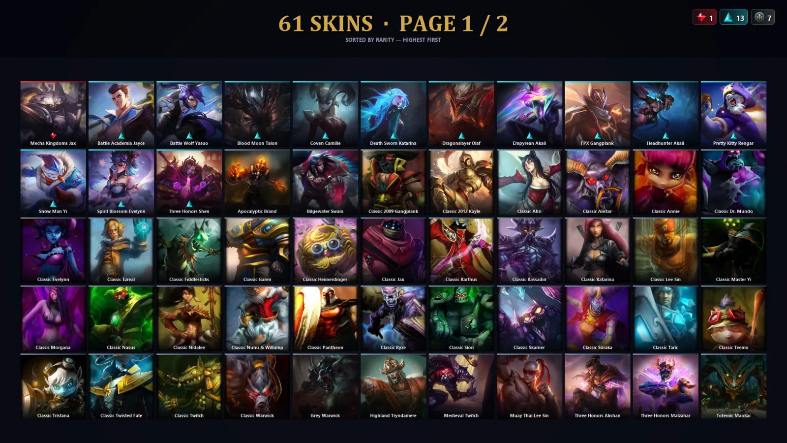 [LoL] | TR | Level 73 | Platinum I | 88 Champions | 61 Skins | 10,631 BE