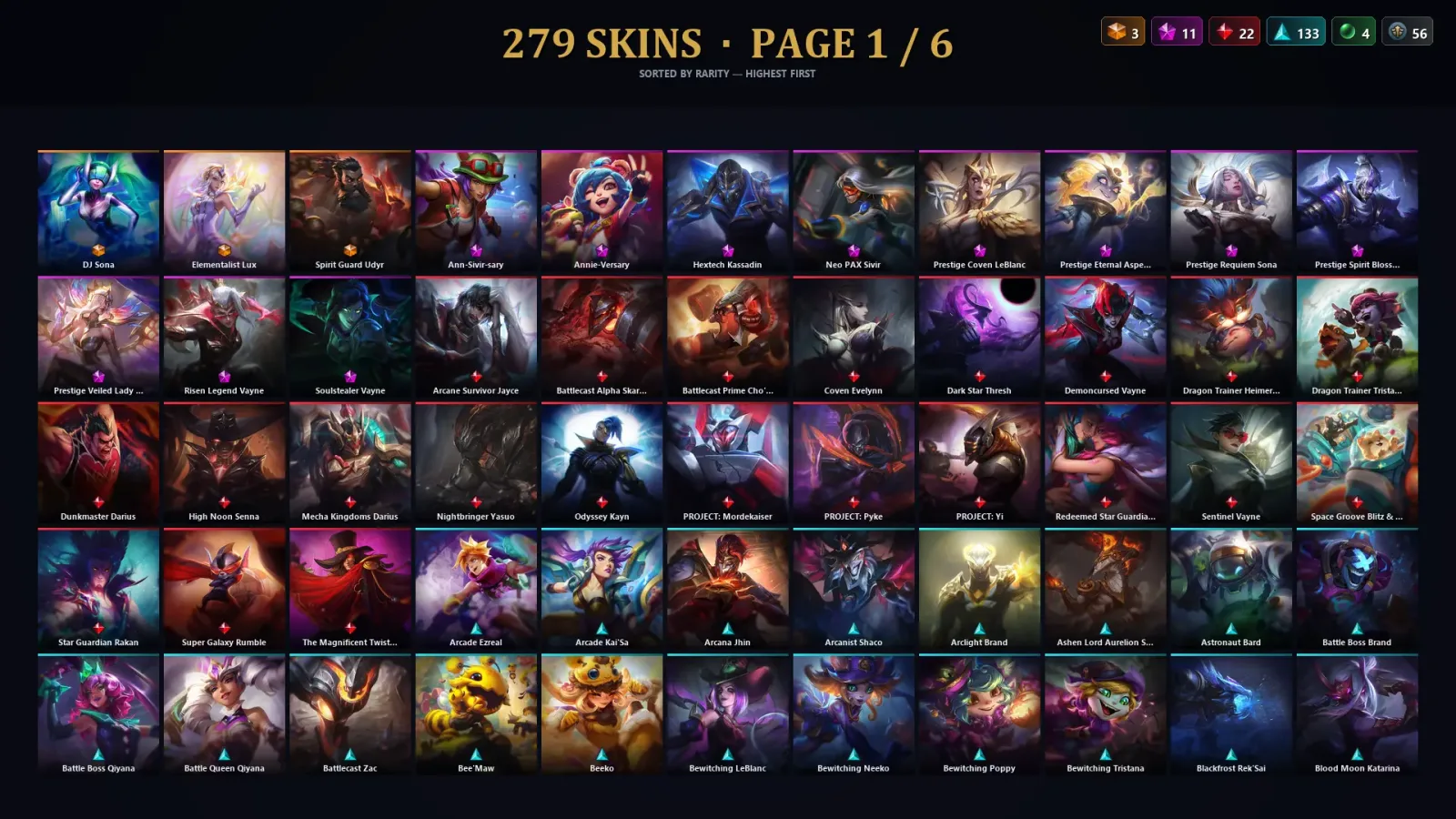 [LoL] | NA | Level 500 | 172 Champions | 279 Skins | 180,731 BE — LoL account