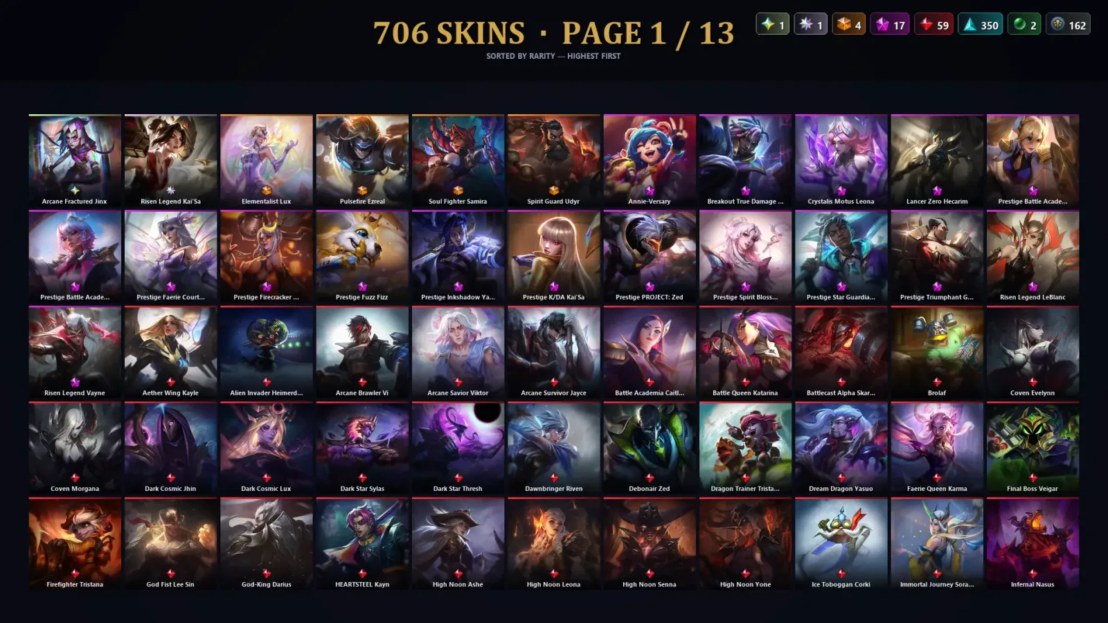 [LoL] | TR | Level 500 | 173 Champions | 706 Skins | 106,414 BE