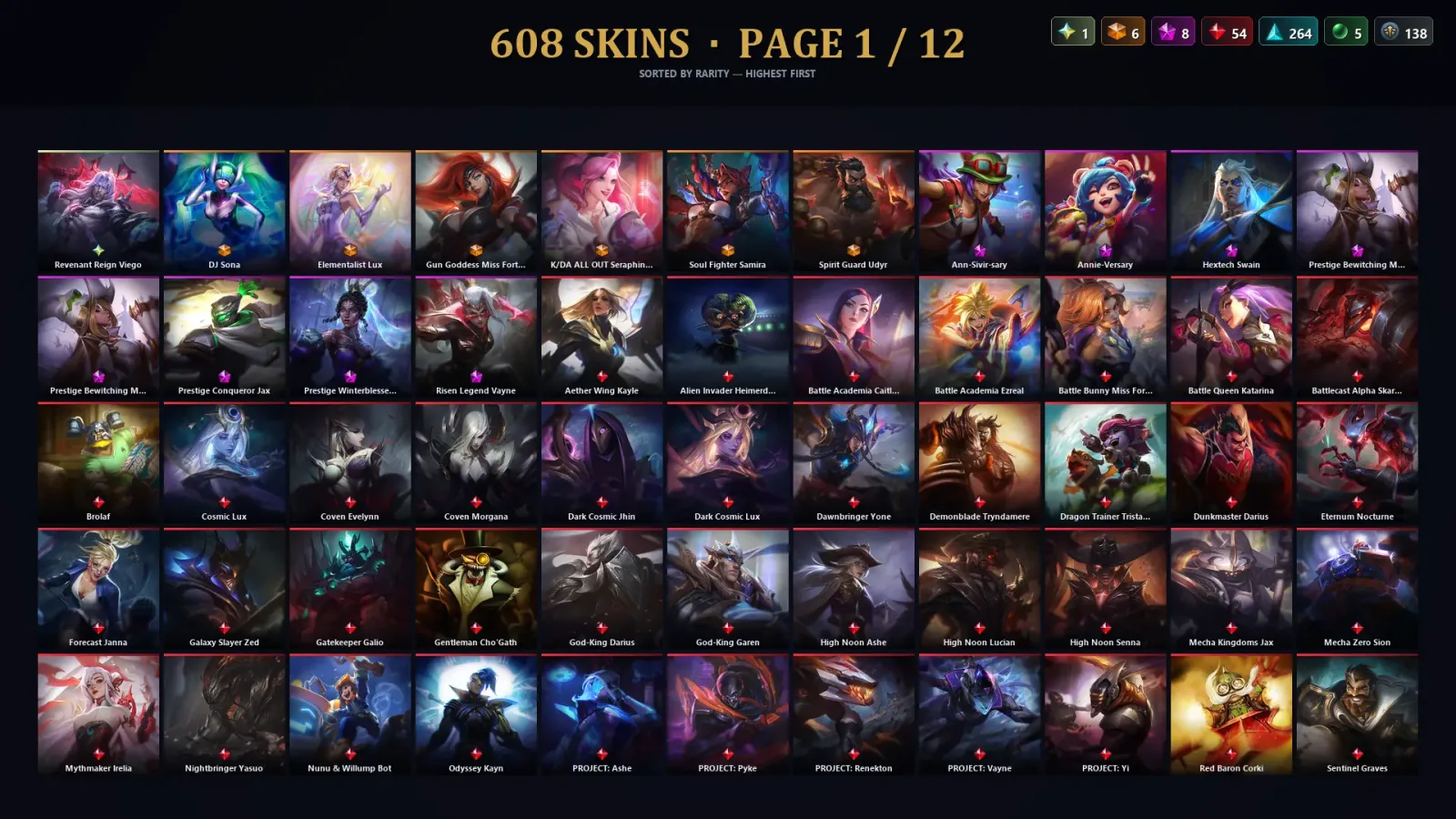 [LoL] | NA | Level 500 | 172 Champions | 608 Skins | 147,429 BE — LoL account