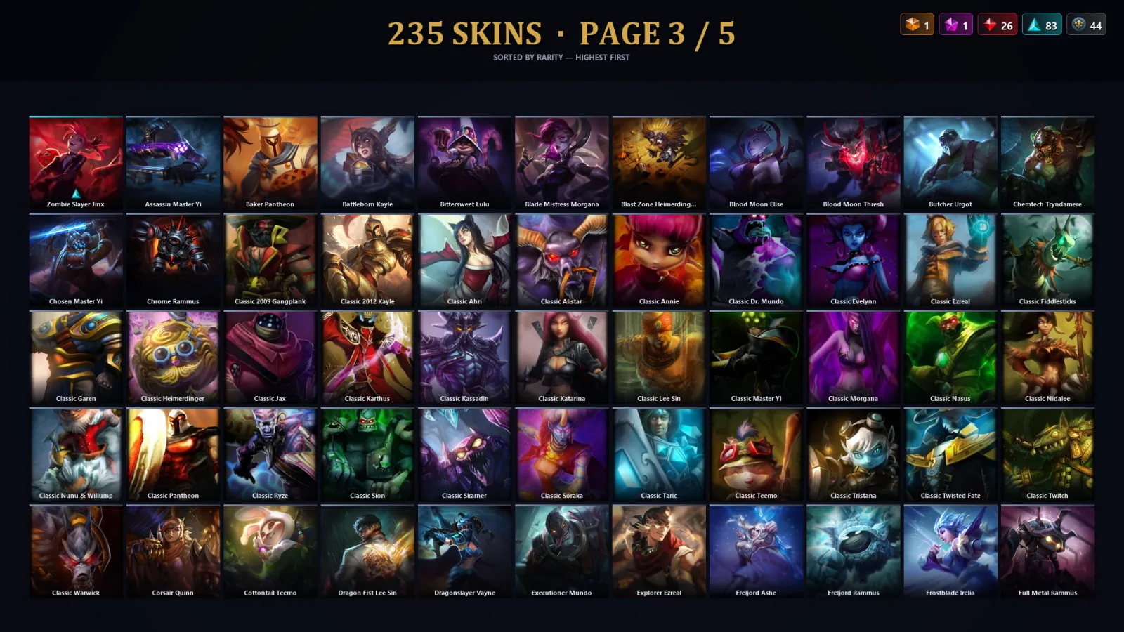 [LoL] | NA | Level 454 | 173 Champions | 203 Skins | 44,967 BE