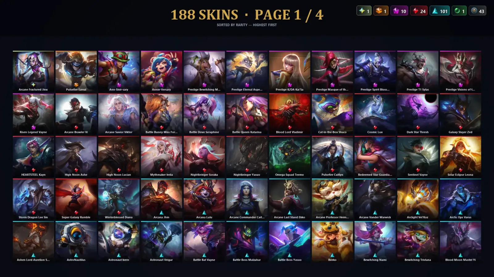 [LoL] | TR | Level 274 | Platinum III | 172 Champions | 188 Skins | 17,317 BE — LoL account