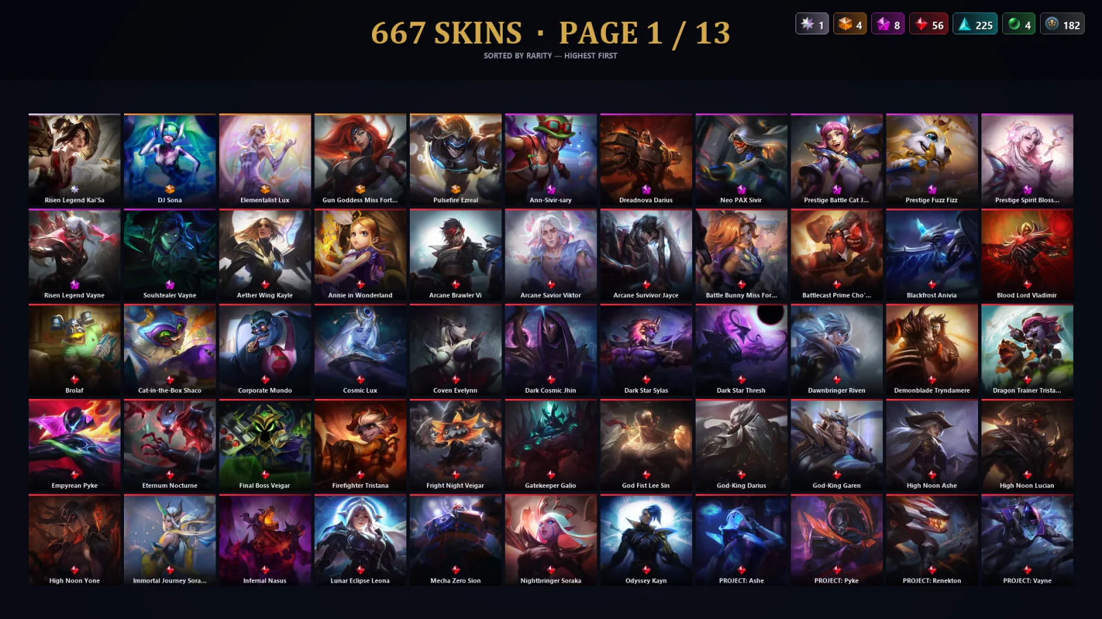 [LoL] | TR | Level 500 | Emerald III | 173 Champions | 667 Skins | 185,728 BE
