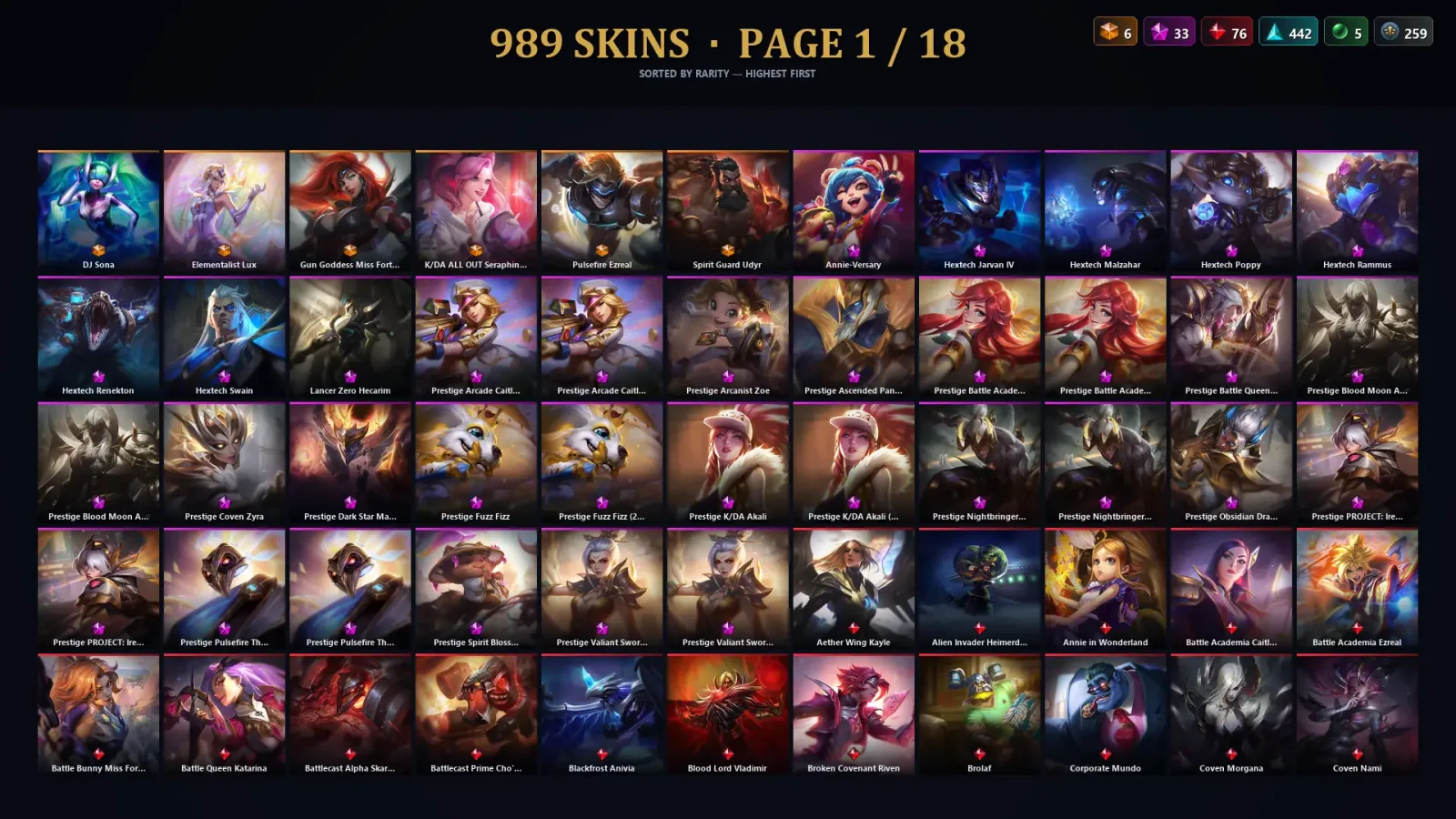 [LoL] | EUW | Level 500 | 170 Champions | 989 Skins | 233,718 BE — LoL account