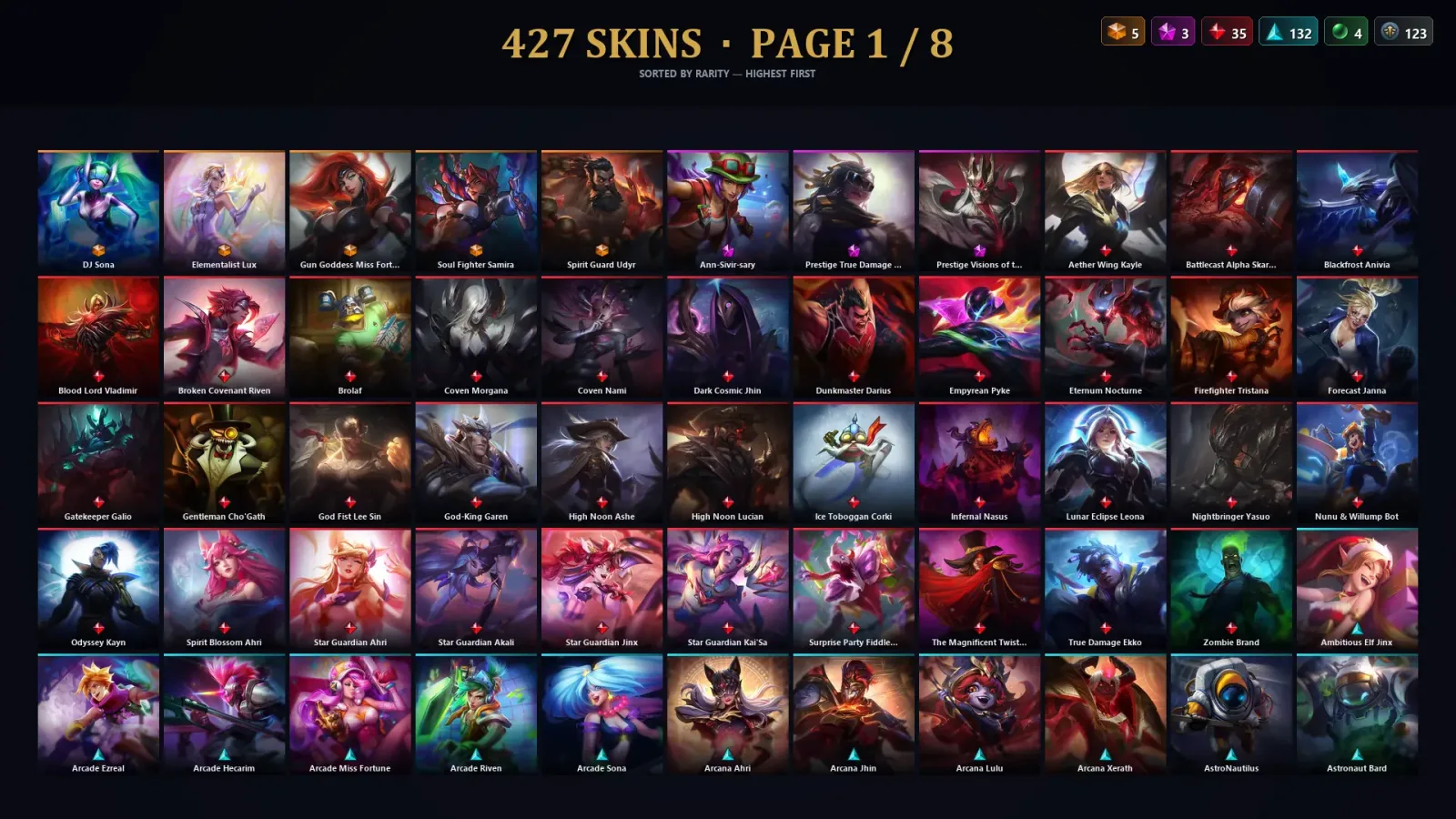 [LoL] | NA | Level 172 | 172 Champions | 427 Skins | 79,930 BE — LoL account