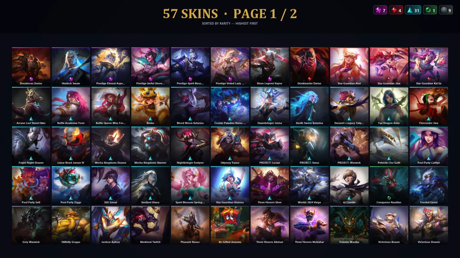 [LoL] | TR | Level 100 | Platinum II | 173 Champions | 57 Skins | 15,176 BE
