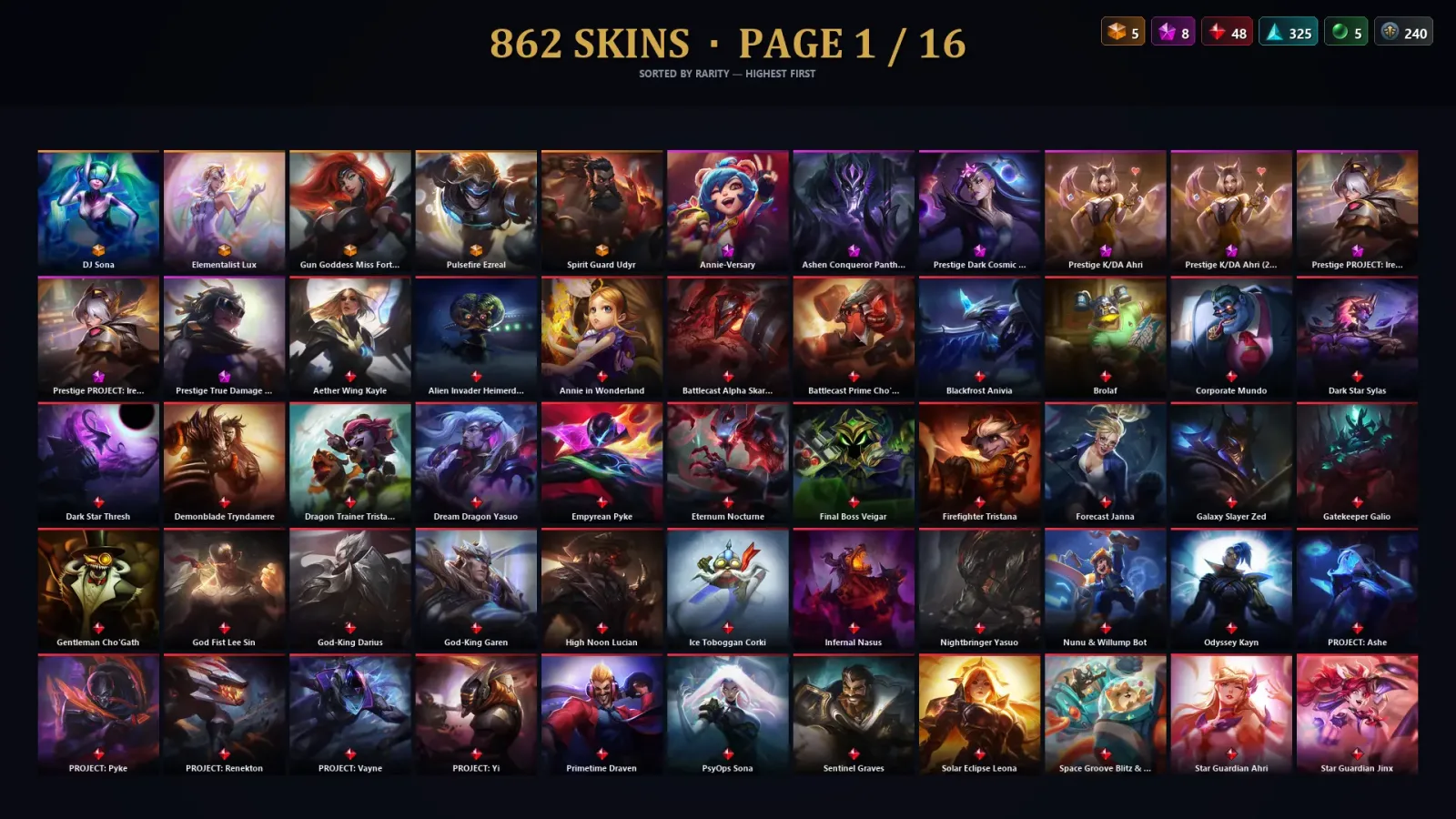 [LoL] | EUW | Level 500 | Gold IV | 172 Champions | 862 Skins | 14,270 BE — LoL account