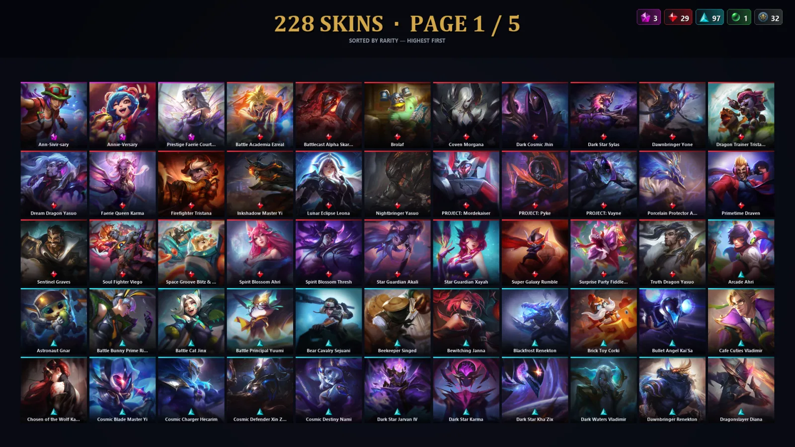 [LoL] | NA | Level 500 | 173 Champions | 228 Skins | 125,523 BE