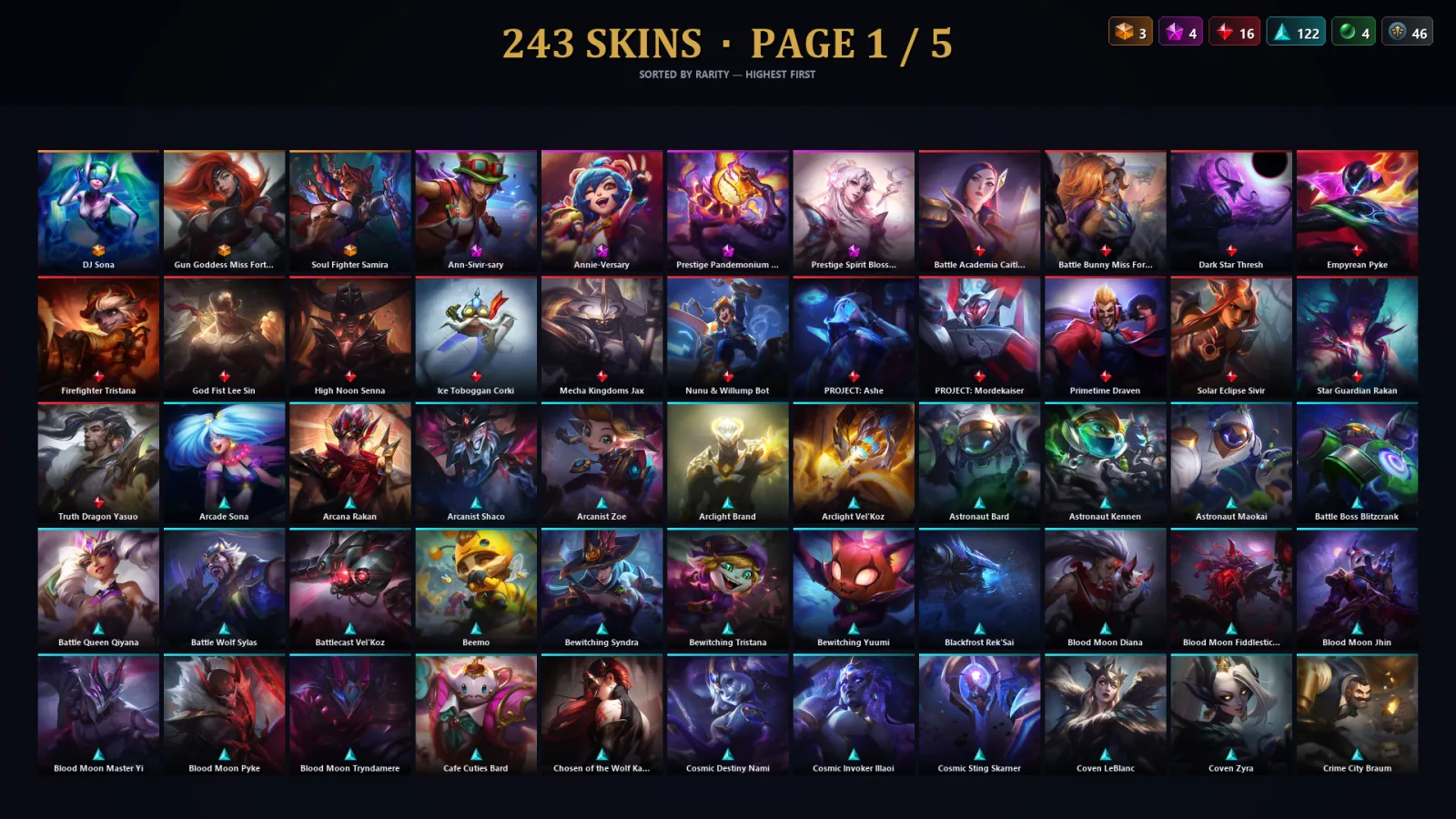 [LoL] | NA | Level 500 | 173 Champions | 243 Skins | 56,723 BE