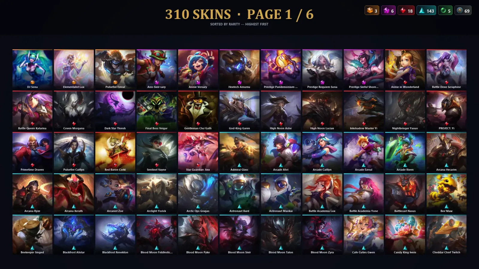 [LoL] | TR | Level 500 | Diamond II | 173 Champions | 310 Skins | 176,136 BE