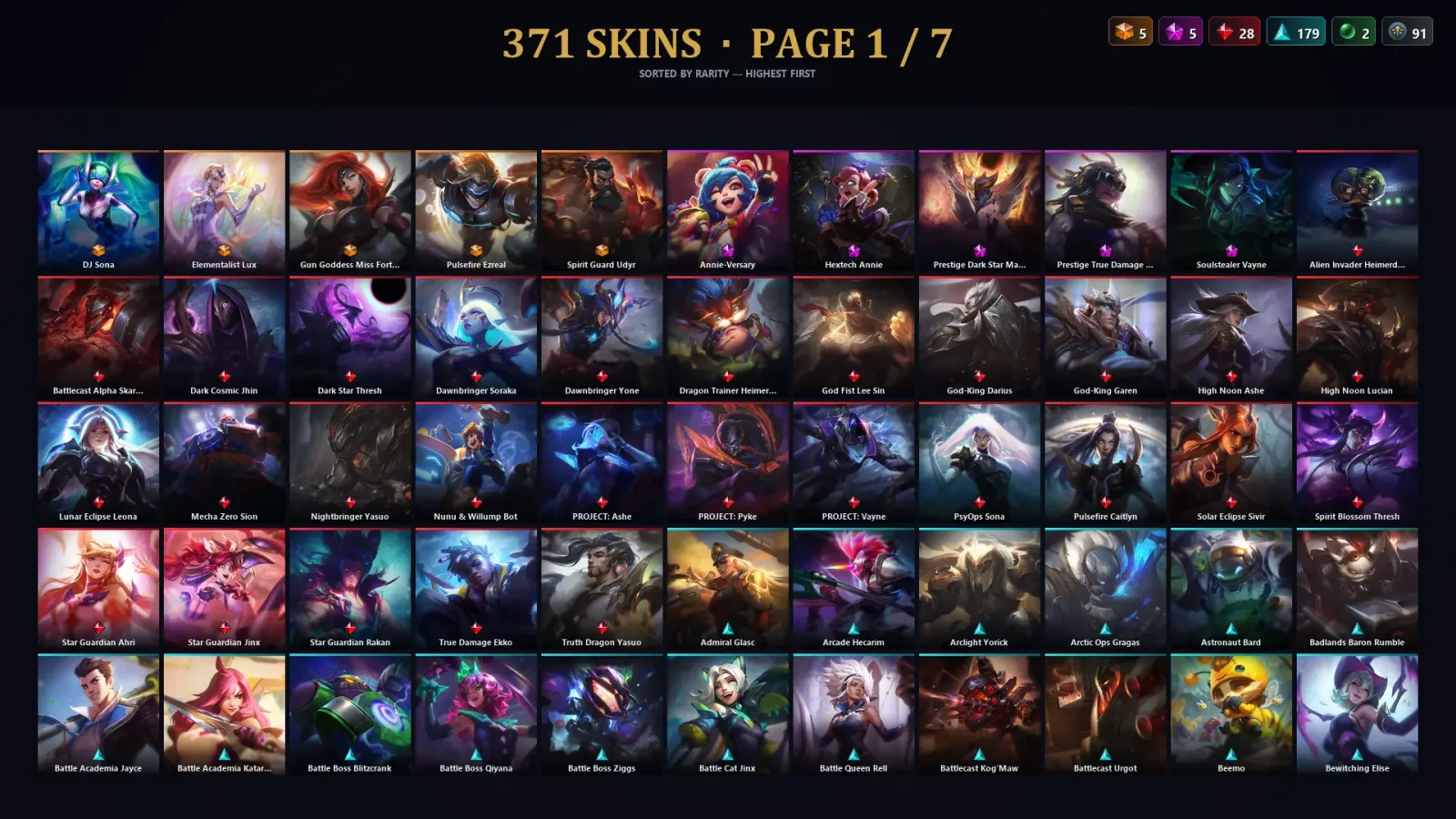 [LoL] | EUW | Level 277 | 170 Champions | 371 Skins | 65,993 BE — LoL account