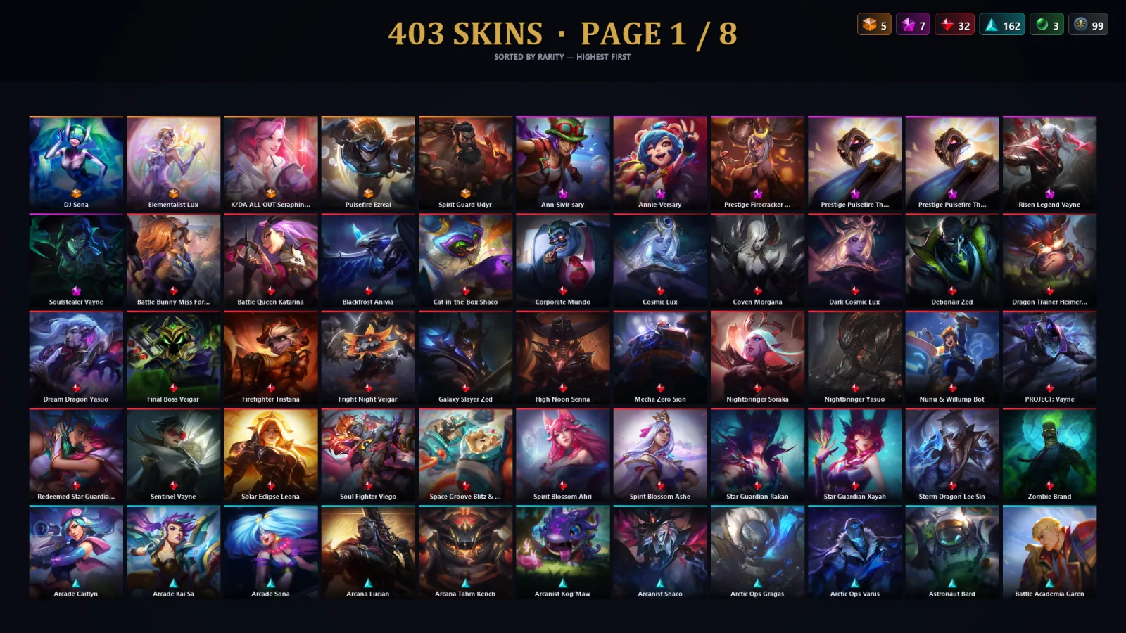 [LoL] | NA | Level 500 | 173 Champions | 403 Skins | 152,289 BE