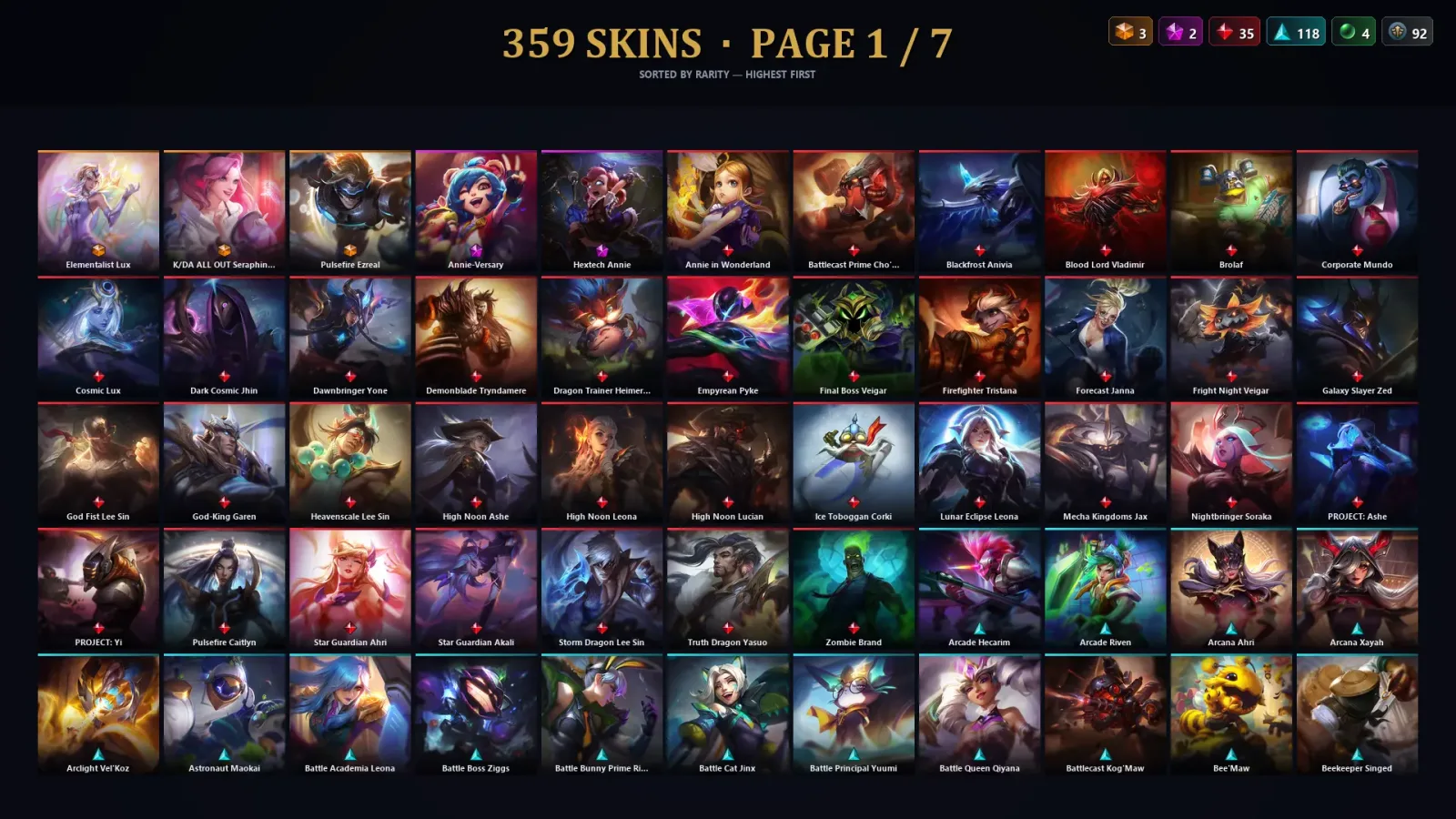 [LoL] | NA | Level 500 | 172 Champions | 359 Skins | 159,252 BE — LoL account