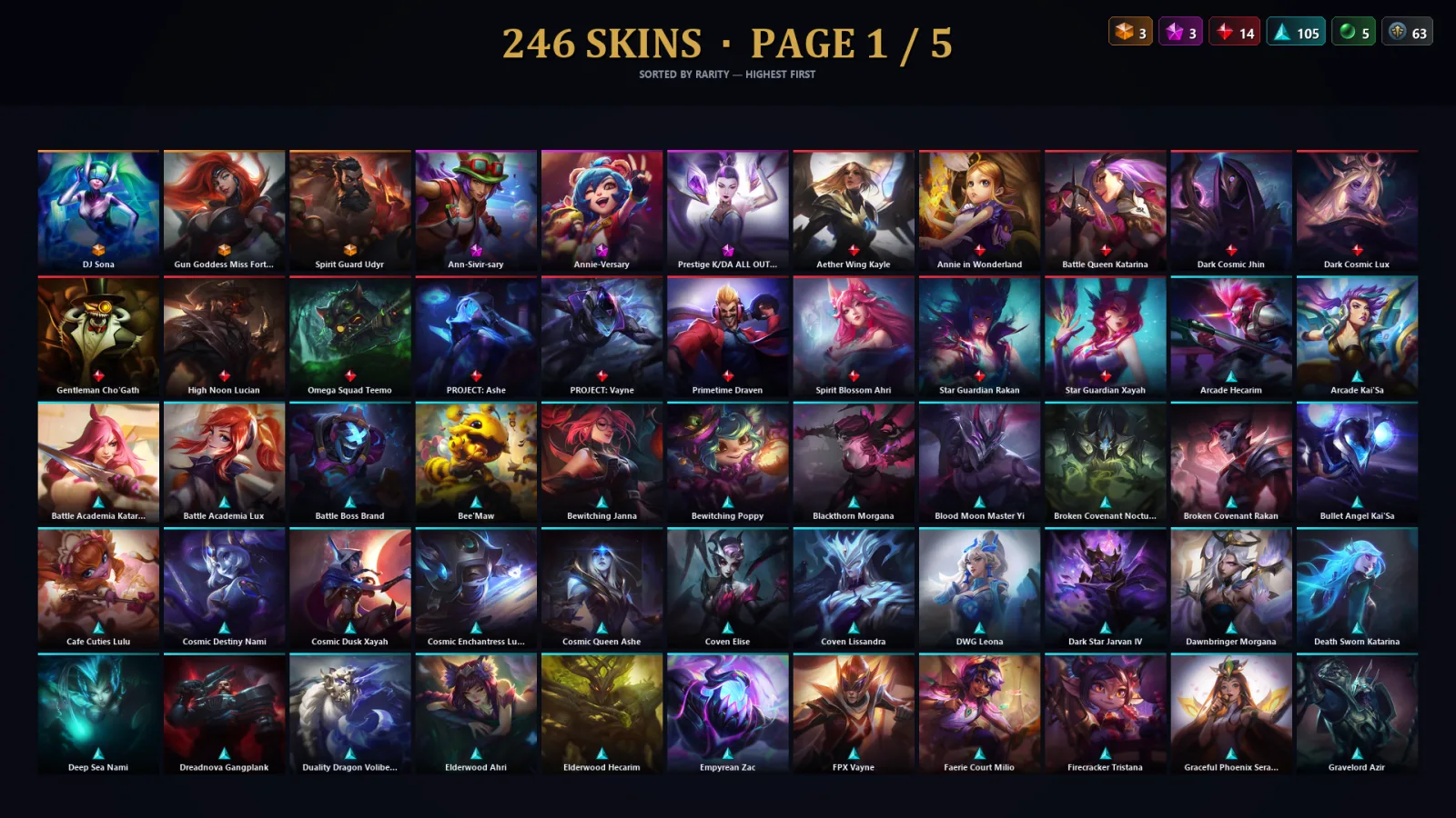 [LoL] | NA | Level 500 | 172 Champions | 246 Skins | 17,999 BE