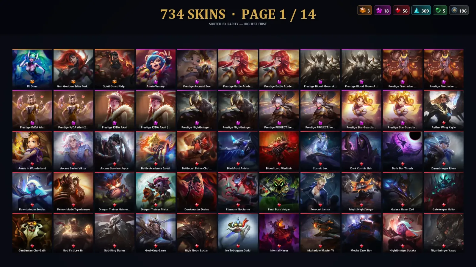 [LoL] | EUW | Level 500 | Diamond II | 172 Champions | 734 Skins | 43,142 BE — LoL account