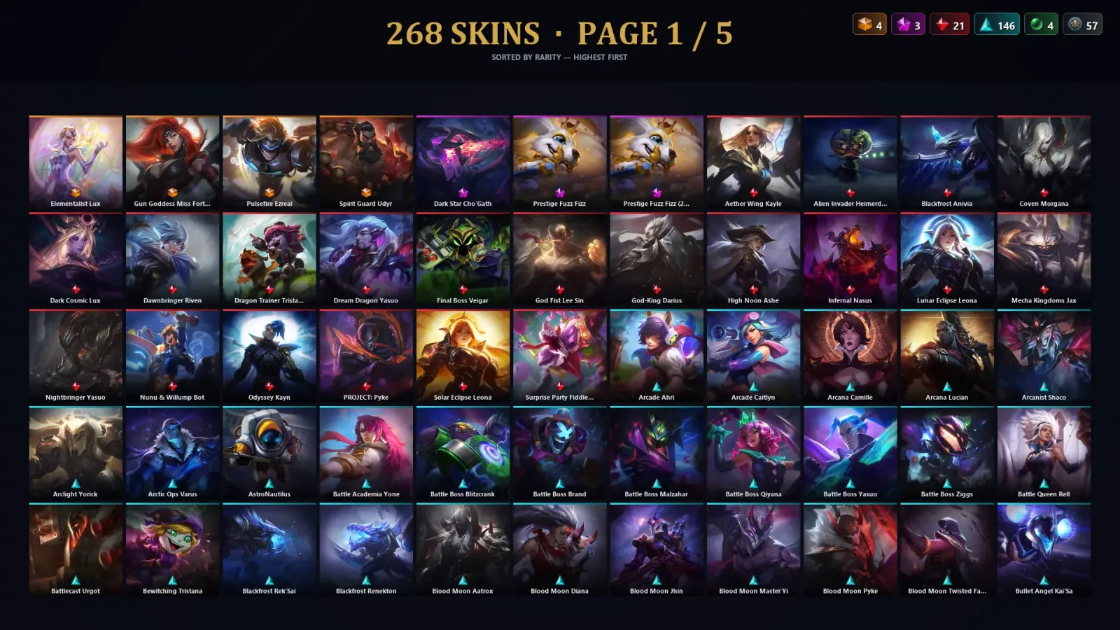 [LoL] | EUW | Level 174 | 167 Champions | 268 Skins | 63,579 BE — LoL account