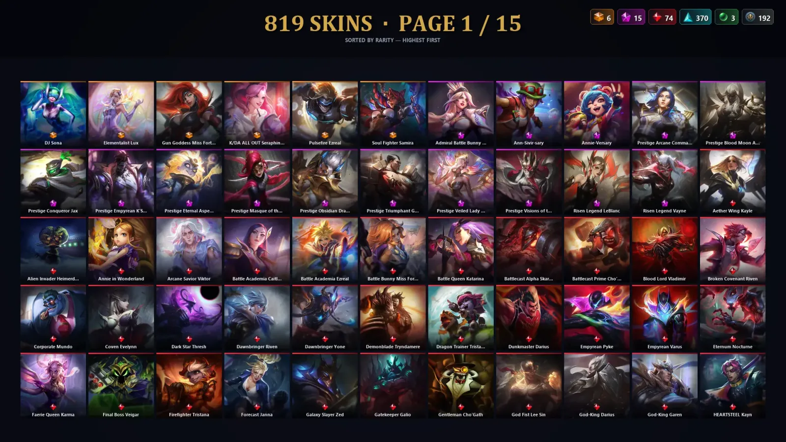 [LoL] | NA | Level 500 | 172 Champions | 819 Skins | 236,574 BE — LoL account