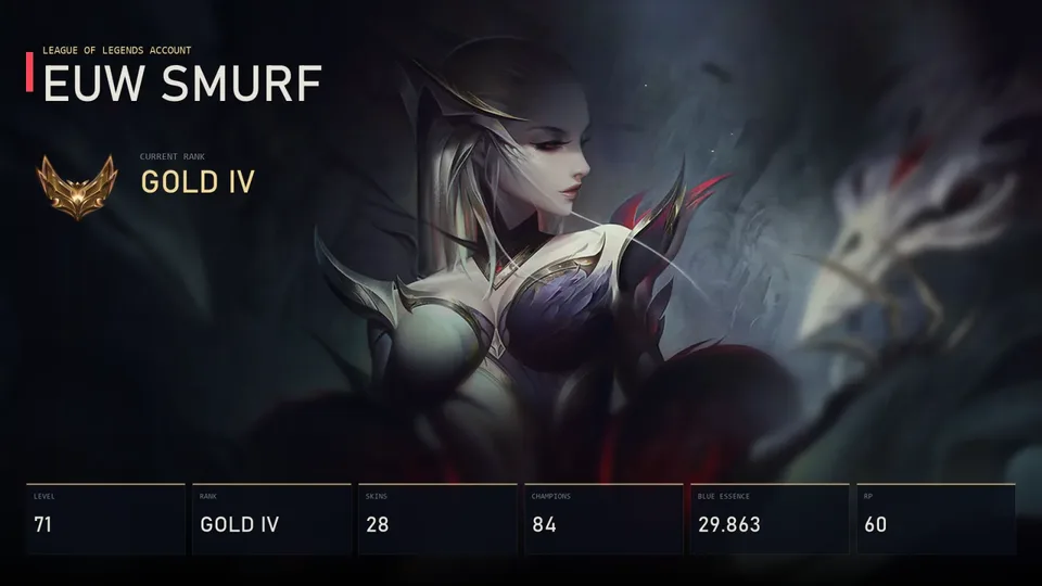 EUW | Coven Evelynn | Star Guardian Akali | True Damage Ekko | Count Kassadin | Odyssey Twisted Fate | Gold IV | 28 Skin | 84 Champion — main preview