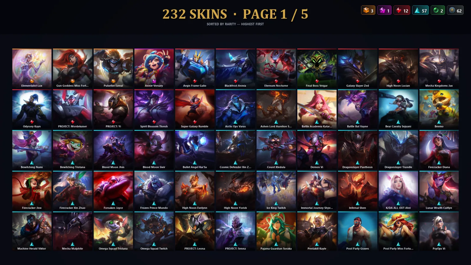 [LoL] | EUW | Level 488 | Platinum IV | 173 Champions | 200 Skins | 175,083 BE