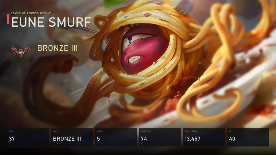 EUNE | Spaghetti alla Vel'Koz | High Noon Lucian | Goalkeeper Blitzcrank | Reaper Hecarim | Elderwood Bard | Bronze III | 5 Skin | 74 Champion — main preview
