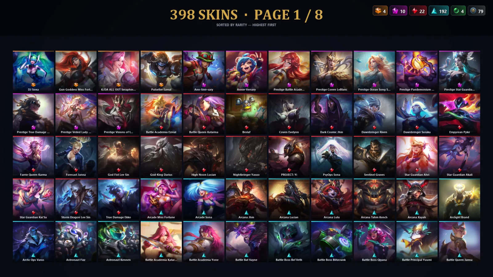 [LoL] | TR | Level 460 | Platinum I | 173 Champions | 398 Skins | 38,455 BE