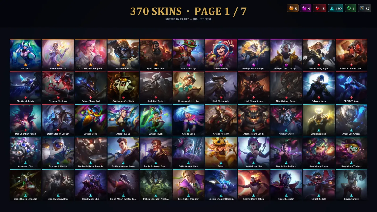 [LoL] | TR | Level 500 | Silver III | 172 Champions | 370 Skins