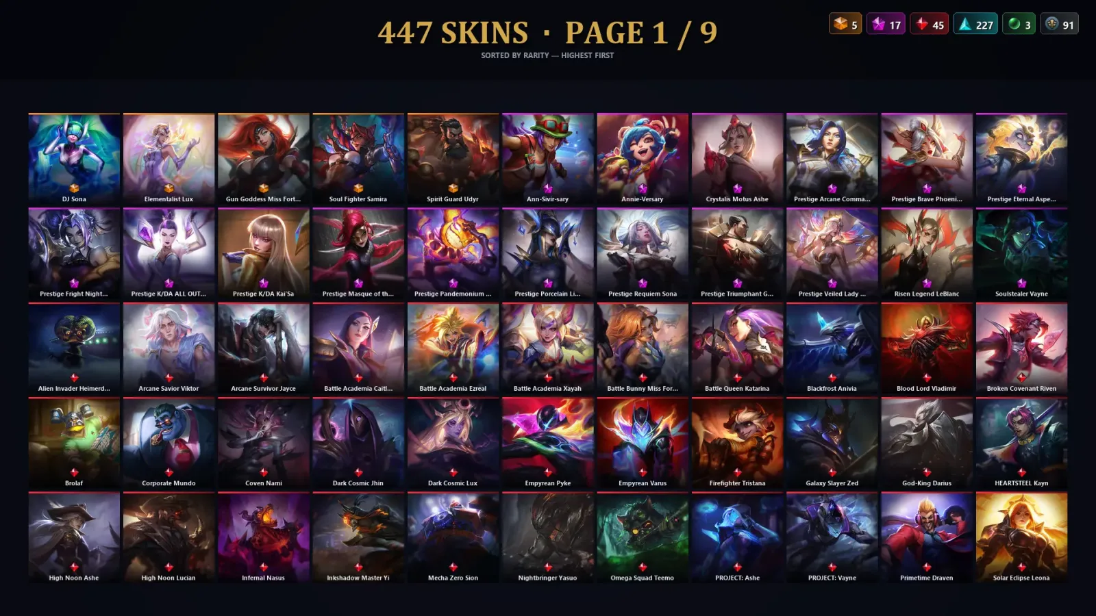 [LoL] | NA | Level 500 | 172 Champions | 447 Skins | 12,019 BE — LoL account