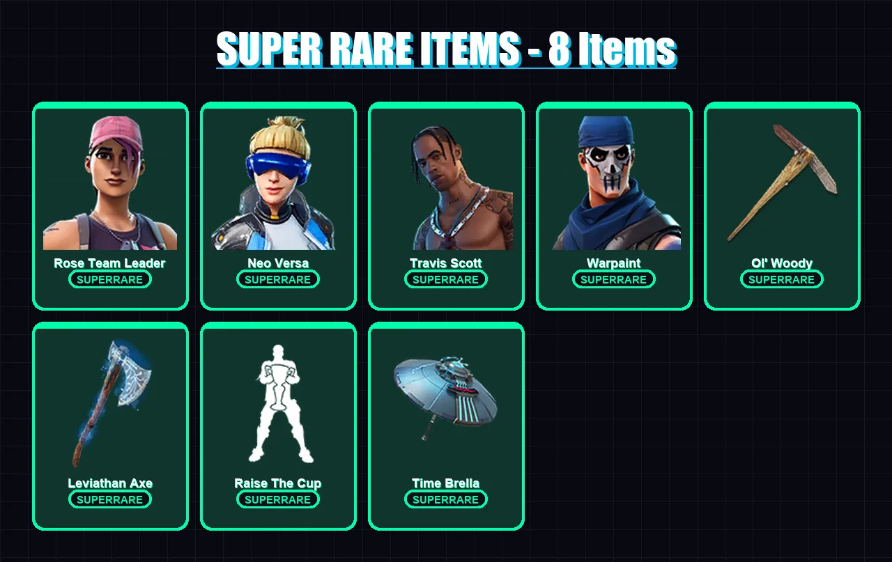 [PS4/PS5/XBOX/PC] | Rose Team Leader | Neo Versa | Travis Scott | Warpaint | Sorana | 134 skin | 182 pickaxe | 128 emote | 154 glider | Lv2161
