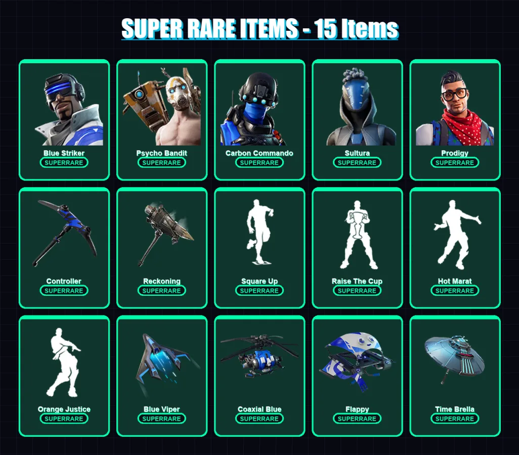 [PS4/PS5/XBOX/PC] | Blue Striker | Psycho Bandit | Carbon Commando | Sultura | Prodigy | 117 skin | 169 pickaxe | 120 emote | 152 glider | Lv2563