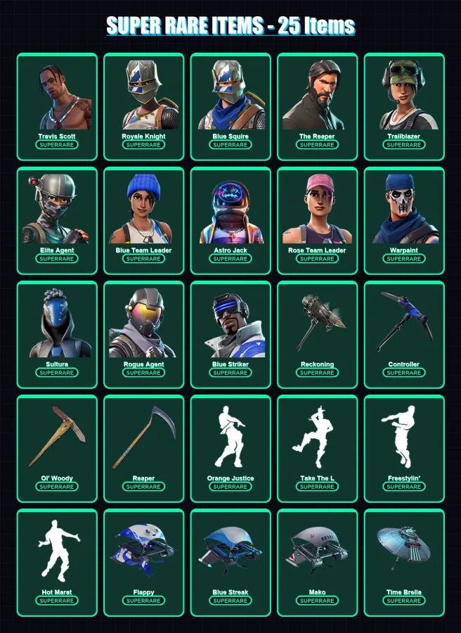 [PS4/PS5/XBOX/PC] | Travis Scott | Royale Knight | Blue Squire | The Reaper | Trailblazer | 107 skin | 141 pickaxe | 103 emote | 131 glider | Lv2230