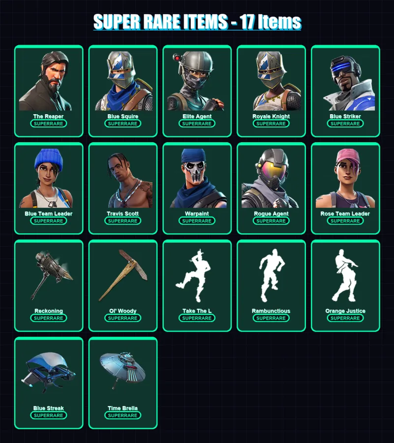 [PS4/PS5/XBOX/PC] | The Reaper | Blue Squire | Elite Agent | Royale Knight | Blue Striker | 91 skin | 65 pickaxe | 92 emote | 81 glider | Lv935