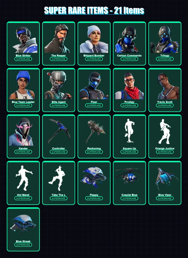 [PS4/PS5/XBOX/PC] | Blue Striker | The Reaper | Blizzard Bomber | Carbon Commando | Trilogy | 79 skin | 68 pickaxe | 83 emote | 71 glider | Lv988