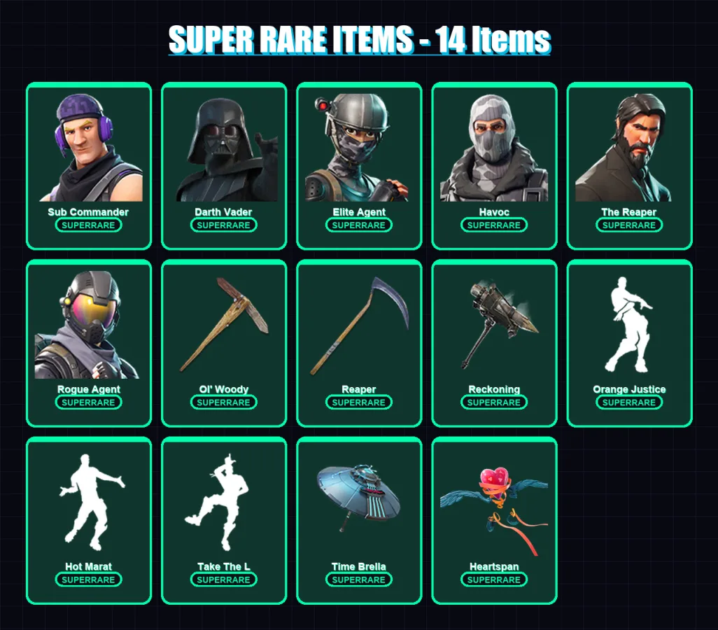 [PC/PSN] | Sub Commander | Darth Vader | Elite Agent | Havoc | The Reaper | 264 skin | 259 pickaxe | 192 emote | 204 glider | Lv3146