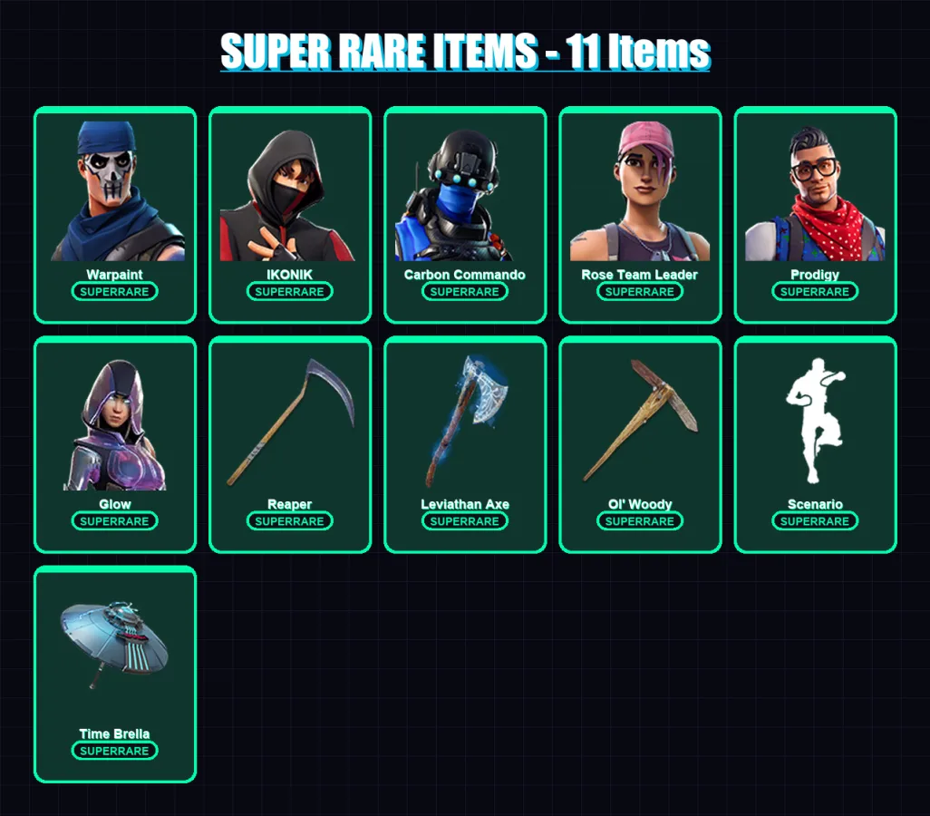 [PC] | Warpaint | IKONIK | Carbon Commando | Rose Team Leader | Prodigy | 250 skin | 231 pickaxe | 186 emote | 147 glider | Lv1880
