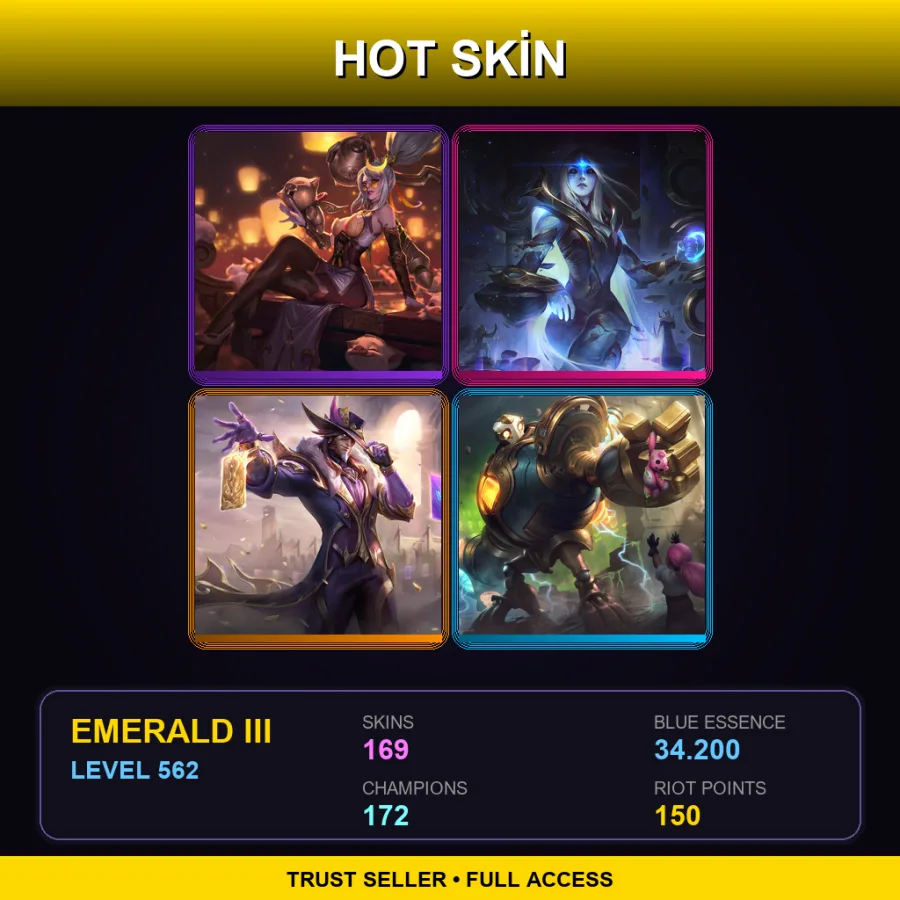 LAN | Lv562 | Emerald III | 169 Skin | 172 Champ — LoL account
