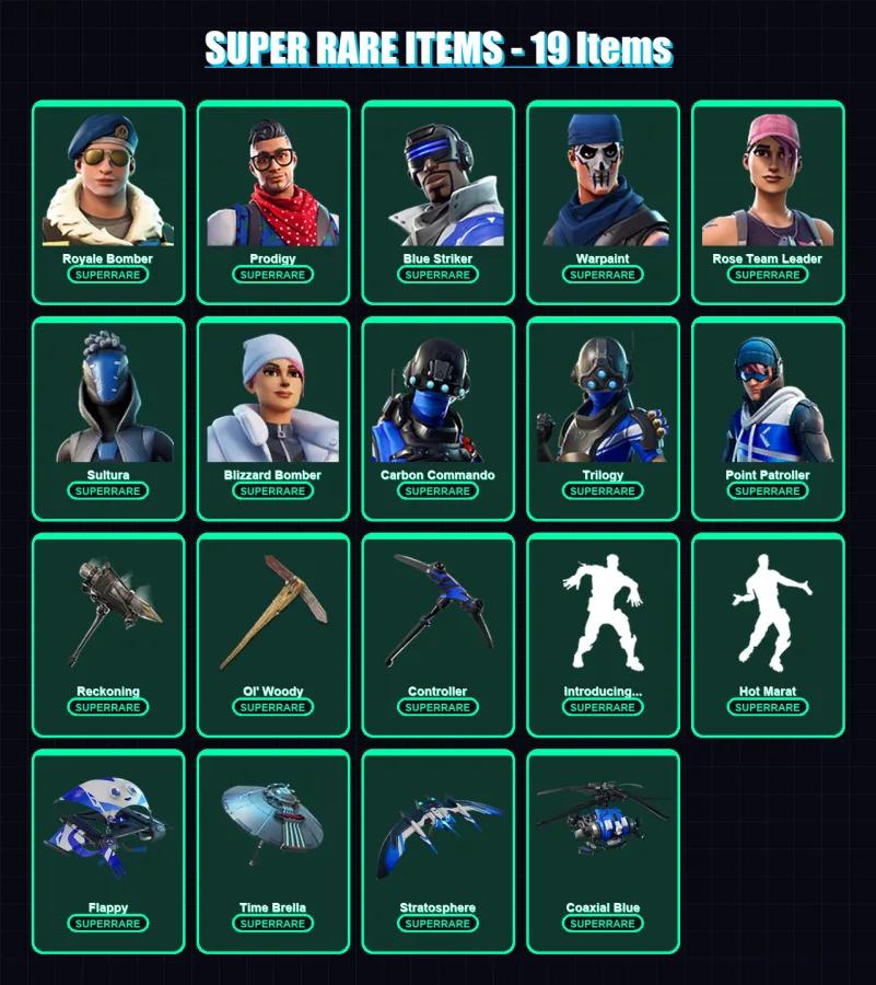 [PS4/PS5/XBOX/PC] | Royale Bomber | Prodigy | Blue Striker | Warpaint | Rose Team Leader | 101 skin | 88 pickaxe | 111 emote | 77 glider | Lv897
