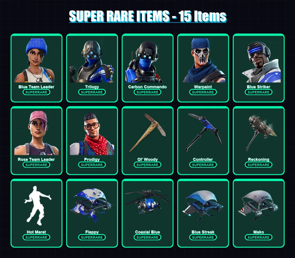 [PC/XBOX] | Blue Team Leader | Trilogy | Carbon Commando | Warpaint | Blue Striker | 52 skin | 41 pickaxe | 50 emote | 57 glider | Lv524