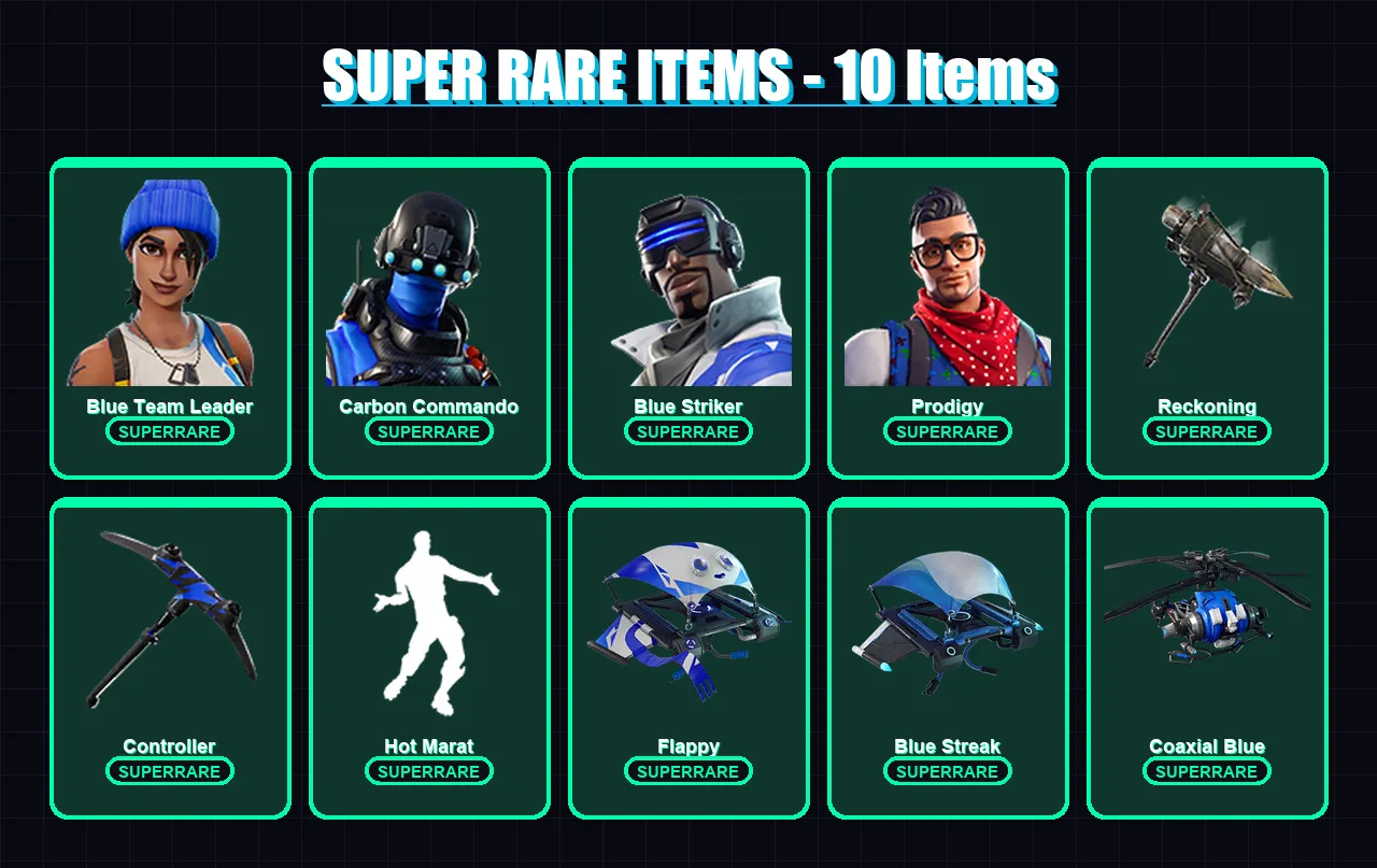 [PS4/PS5/XBOX/PC] | Blue Team Leader | Carbon Commando | Blue Striker | Prodigy | A.I.M. | 17 skin | 12 pickaxe | 15 emote | 15 glider | Lv264