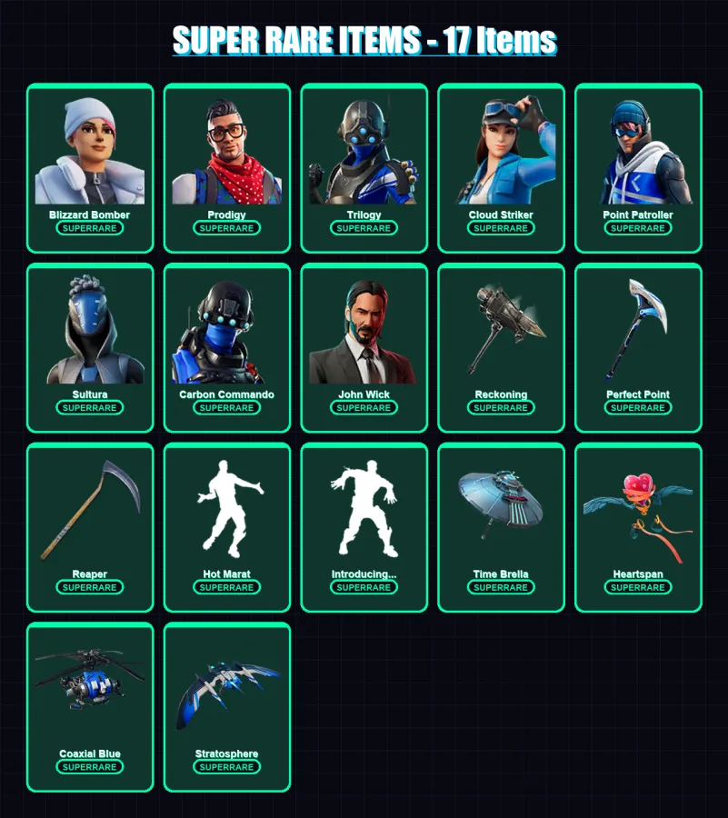 [PS4/PS5/XBOX/PC] | Blizzard Bomber | Prodigy | Trilogy | Cloud Striker | Point Patroller | 181 skin | 179 pickaxe | 192 emote | 164 glider | Lv2250 — Fortnite account