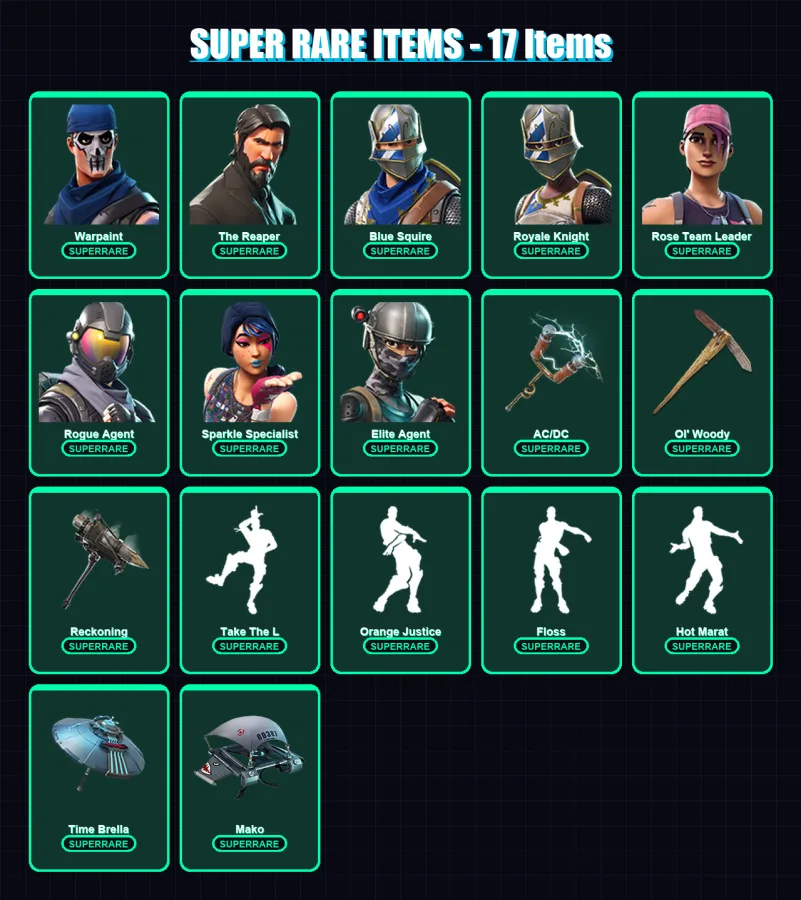 [PC/PSN] | Warpaint | The Reaper | Blue Squire | Royale Knight | Rose Team Leader | 99 skin | 73 pickaxe | 91 emote | 79 glider | Lv956