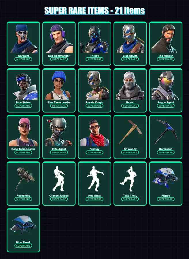 [PS4/PS5/XBOX/PC] | Warpaint | Sub Commander | Trilogy | Blue Squire | The Reaper | 102 skin | 83 pickaxe | 80 emote | 89 glider | Lv1188