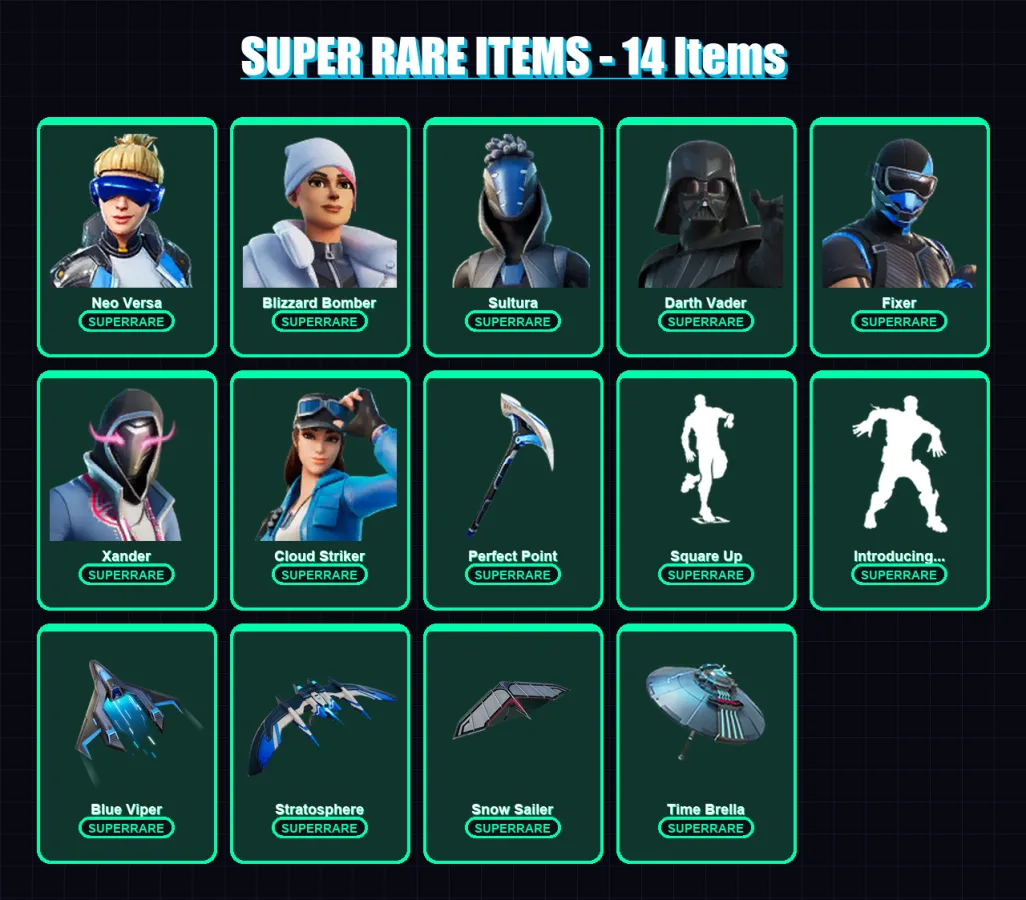 [PS4/PS5/PC] | Neo Versa | Blizzard Bomber | Sultura | Darth Vader | Fixer | 60 skin | 86 pickaxe | 76 emote | 84 glider | Lv1290