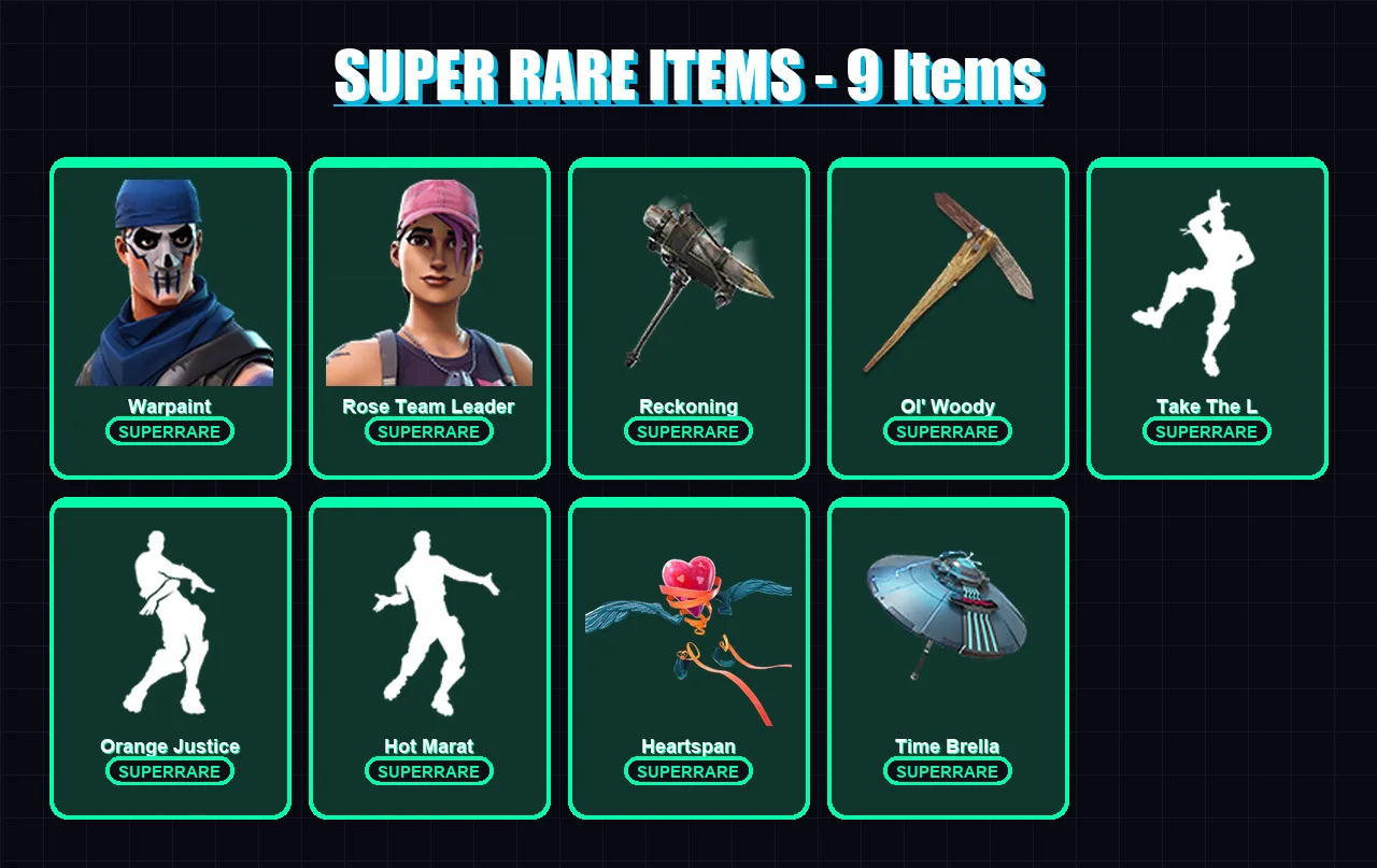 [PC/XBOX/PSN] | Warpaint | Rose Team Leader | Midas | Dire | Raz | 64 skin | 85 pickaxe | 82 emote | 98 glider | Lv1187