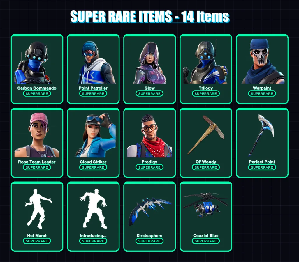 [PS4/PS5/XBOX/PC] | Carbon Commando | Point Patroller | Glow | Trilogy | Warpaint | 49 skin | 52 pickaxe | 61 emote | 54 glider | Lv728 — Fortnite account
