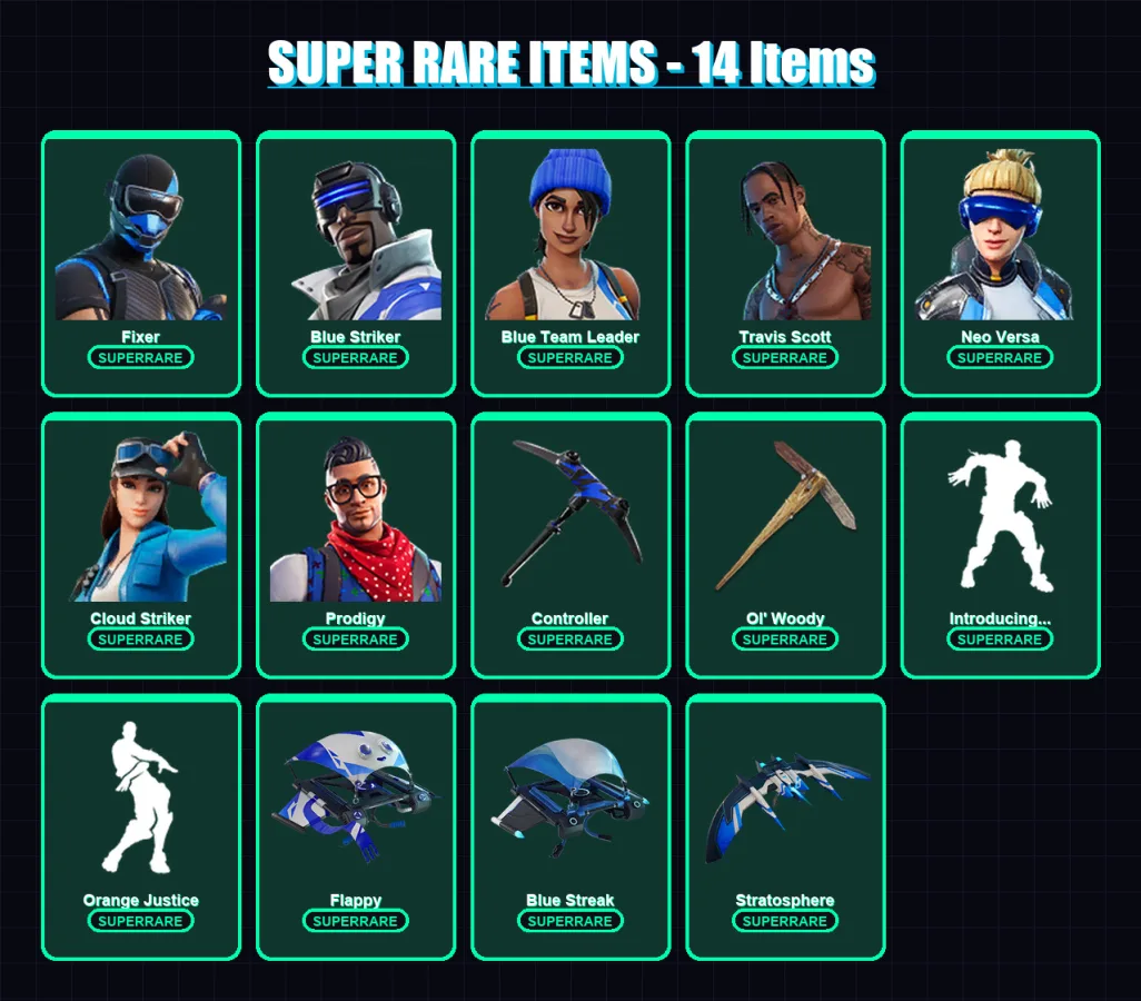 [PS4/PS5/XBOX/PC] | Fixer | Blue Striker | Blue Team Leader | Travis Scott | Neo Versa | 78 skin | 94 pickaxe | 74 emote | 92 glider | Lv1538